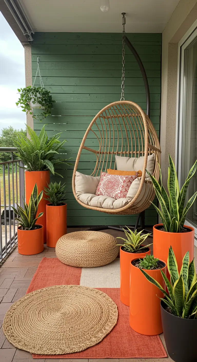 Balcony with green wall, hanging rattan chair, and multiple bright orange planters.