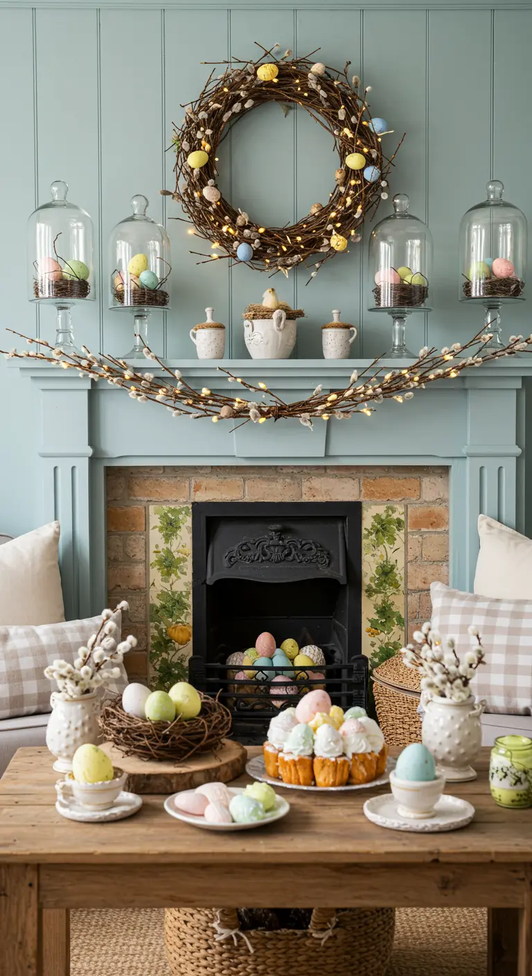 Easter mantel with egg-filled cloches, a twig wreath, and a pussy willow garland.