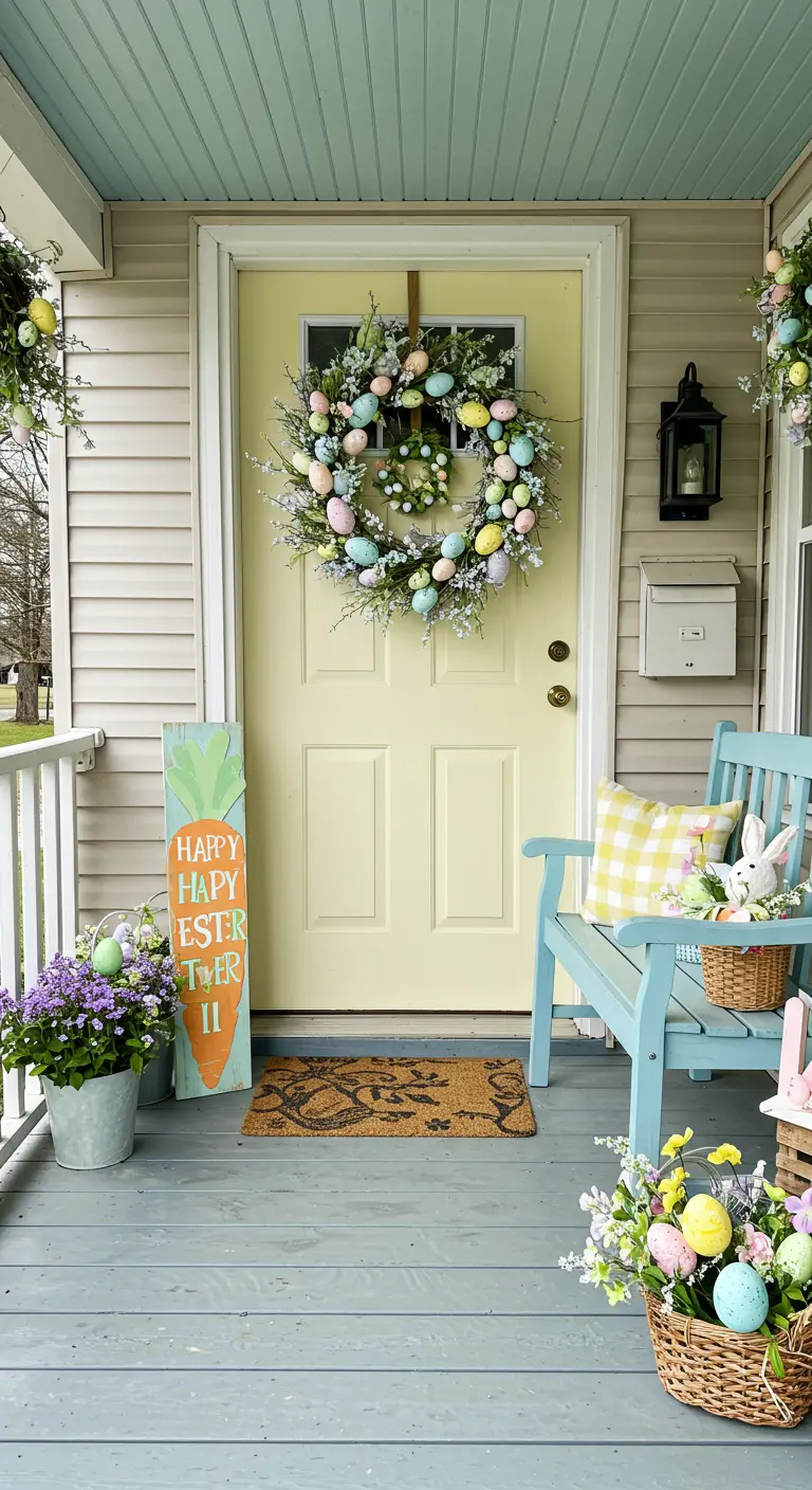 Easter porch with a pastel egg wreath, carrot-shaped sign, and blue bench.