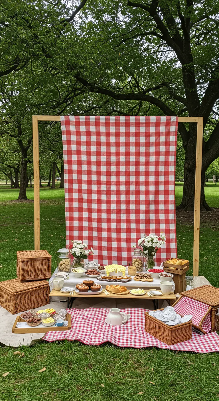 A large gingham tablecloth draped over a simple wooden frame as a backdrop for a park picnic.