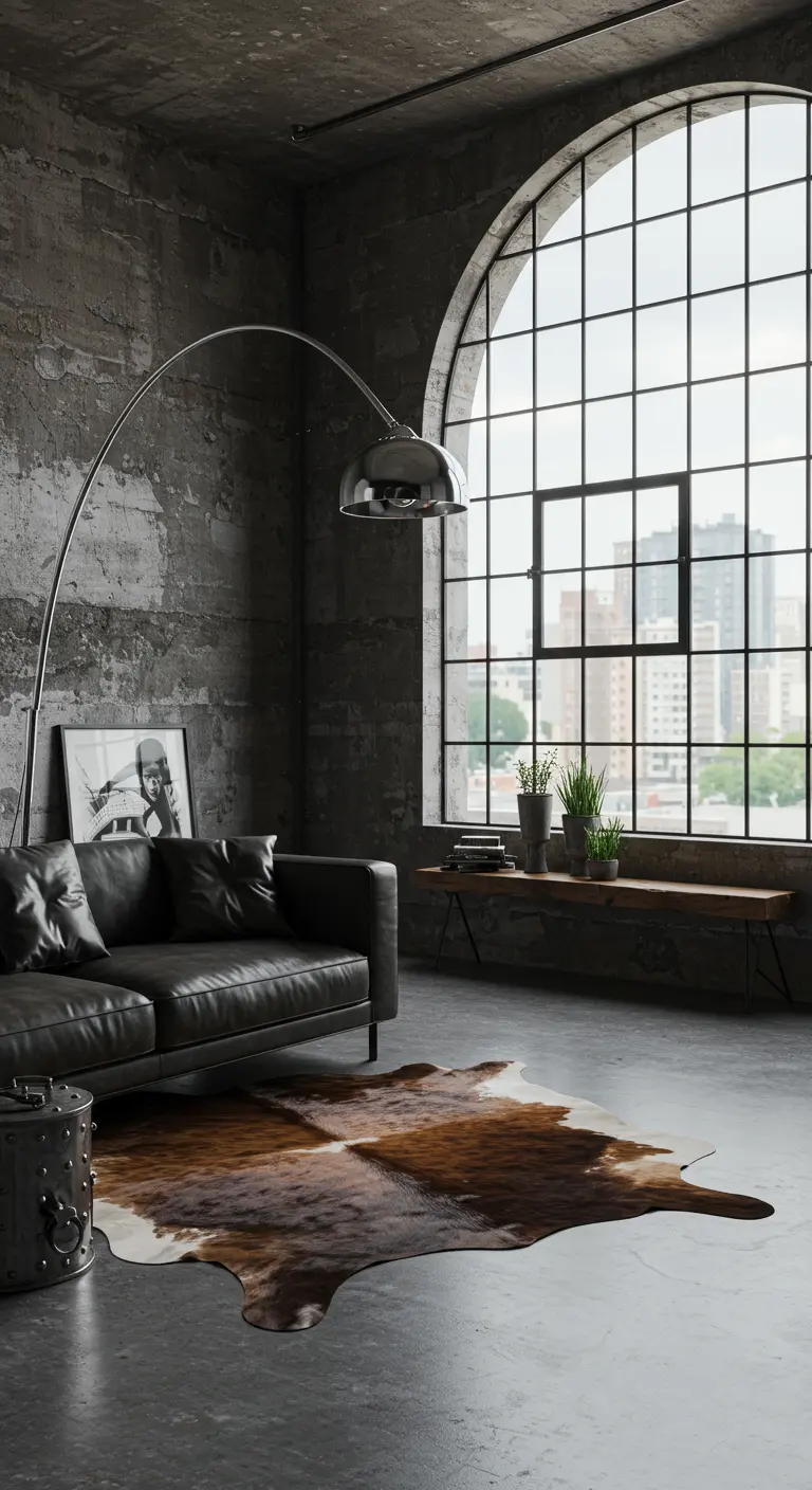 An industrial loft with a large arched window and a sweeping silver arc floor lamp over a sofa.