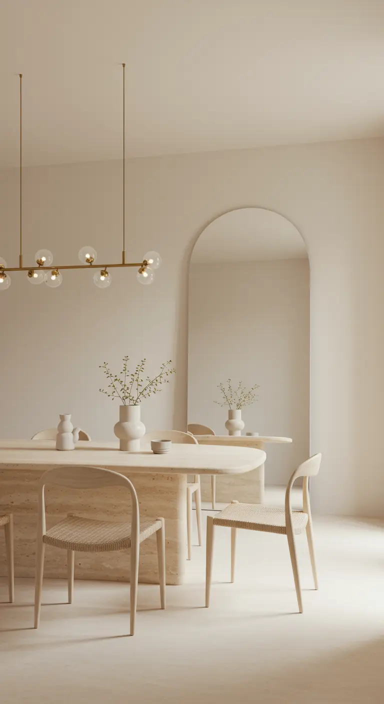 A minimal dining room with a travertine table and a large arched mirror on the wall.