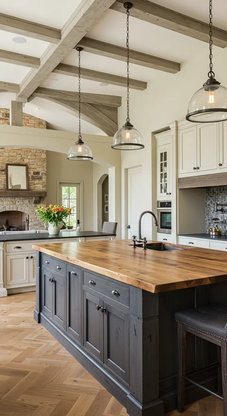 Kitchen with a dark island, wood top, and a coffered ceiling with wood beams.