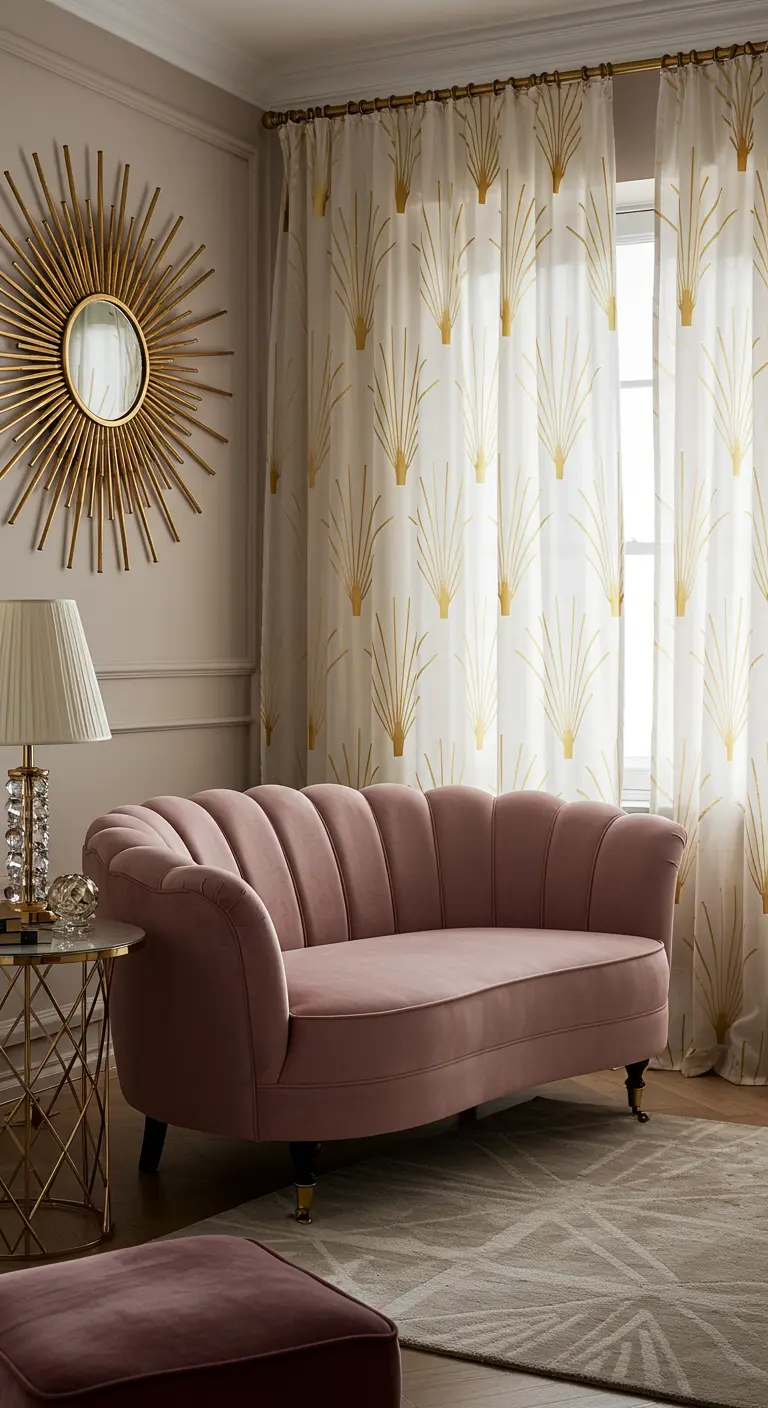 A living room with a pink scalloped sofa and Art Deco print curtains.