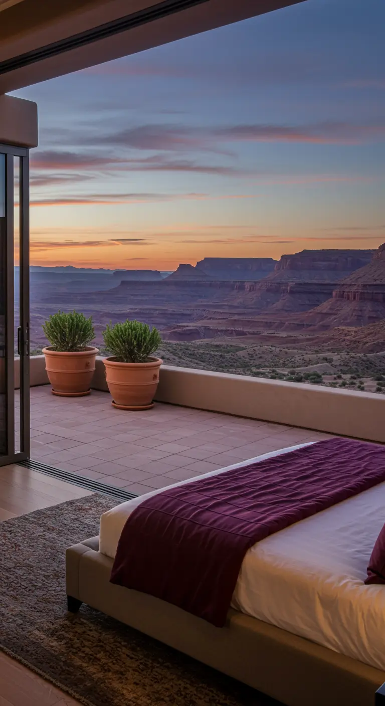 Bedroom overlooking a canyon at dusk with deep purple bedding.