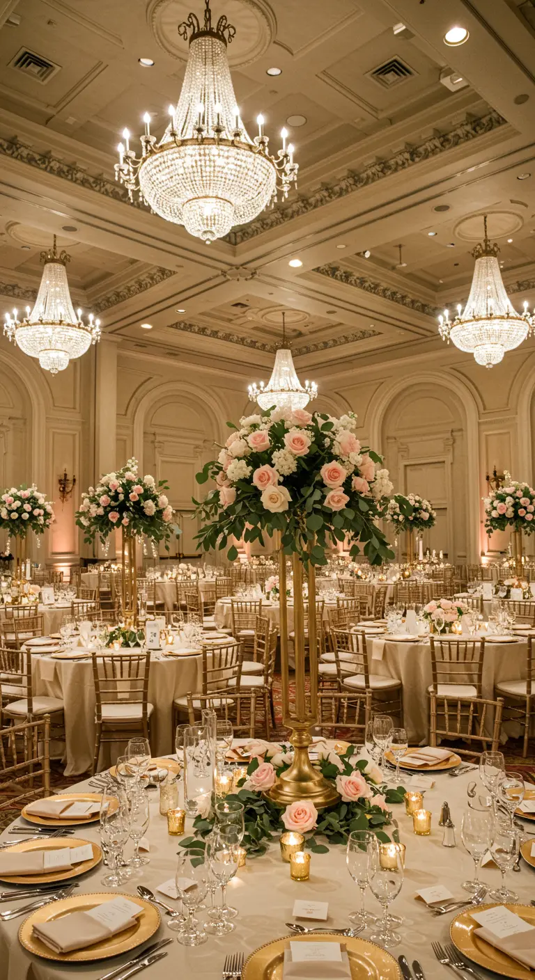 Grand ballroom with tall gold centerpieces featuring pink and white roses, echoing ceiling chandeliers.
