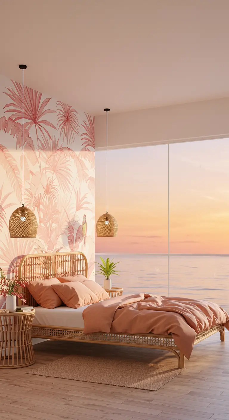 Bedroom with a pink palm mural overlooking the ocean at sunset.
