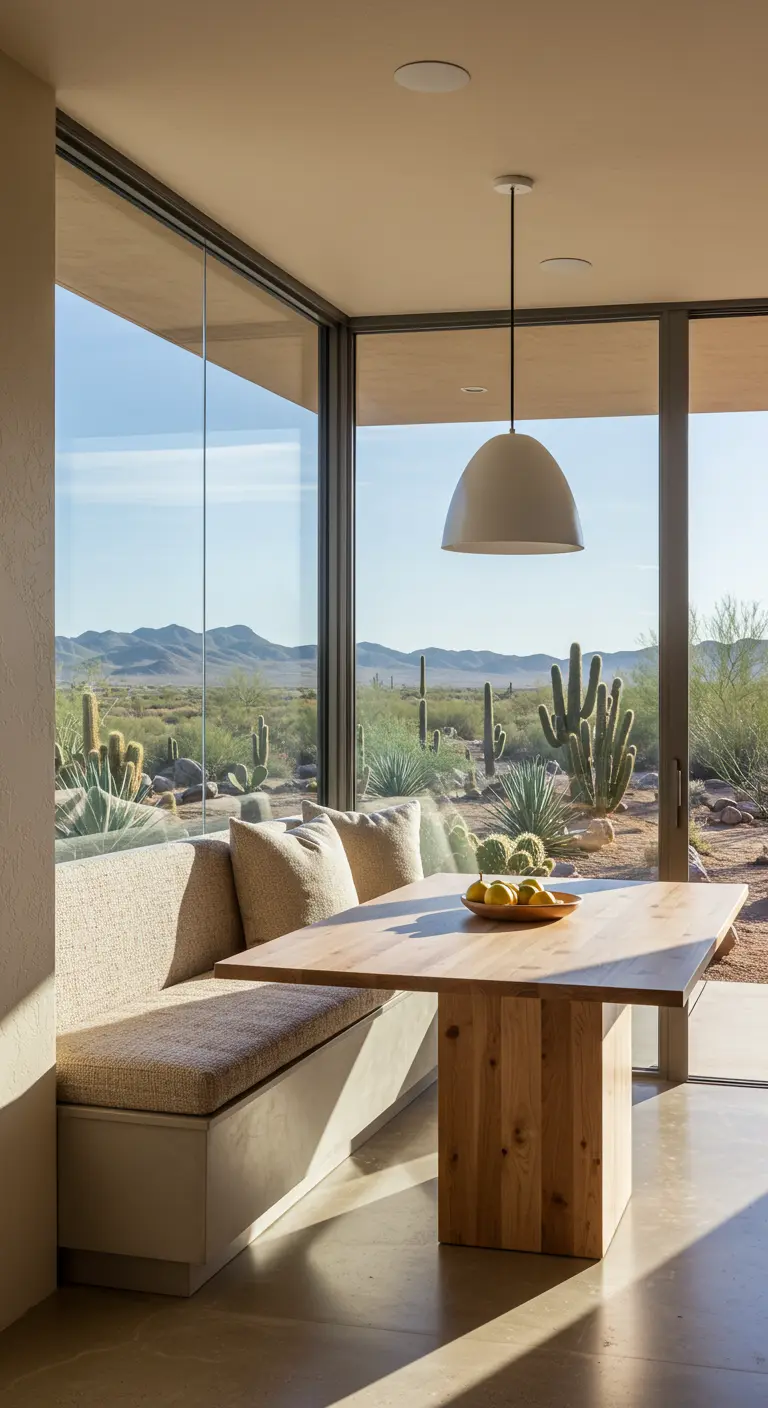 A desert modern breakfast nook with a textured beige banquette overlooking a cactus landscape.