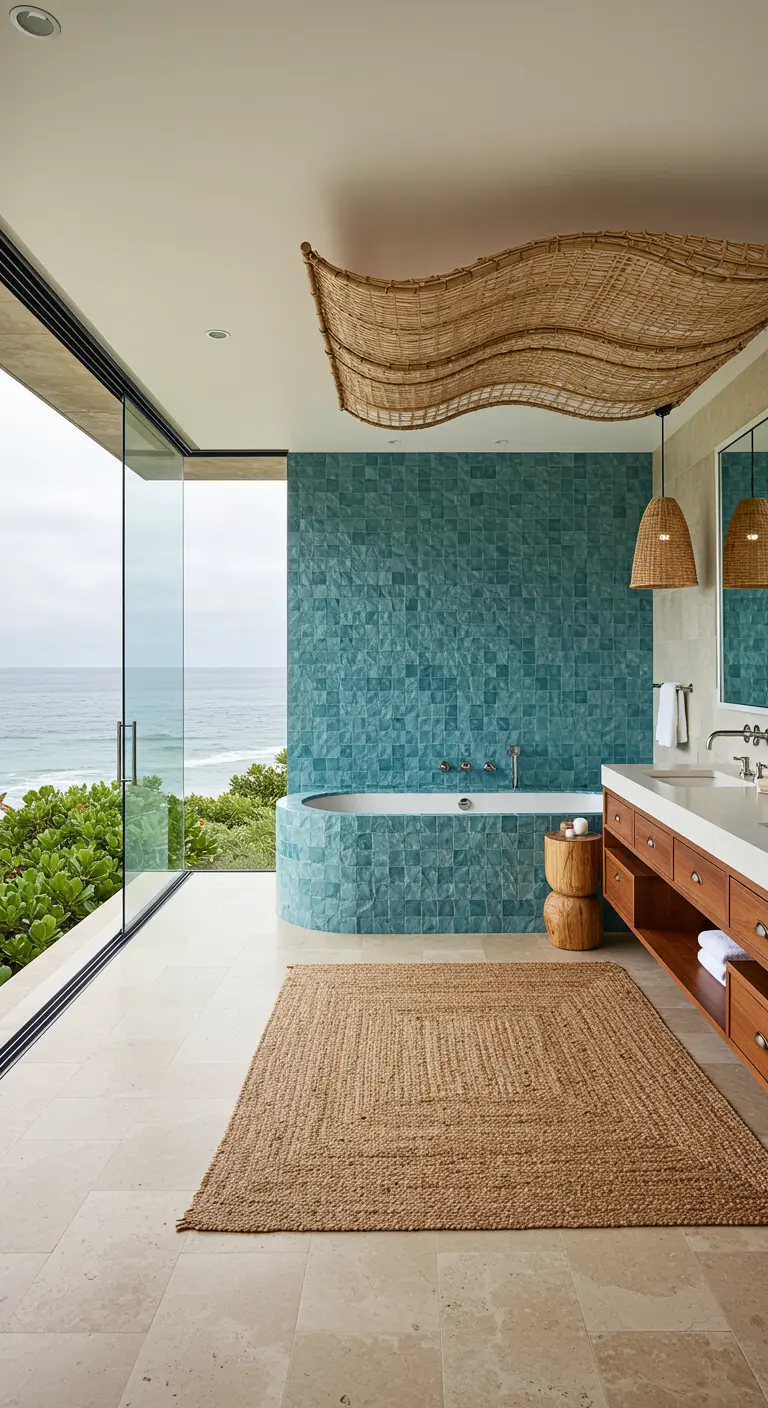 Luxury bathroom with ocean view and a custom woven ceiling installation.