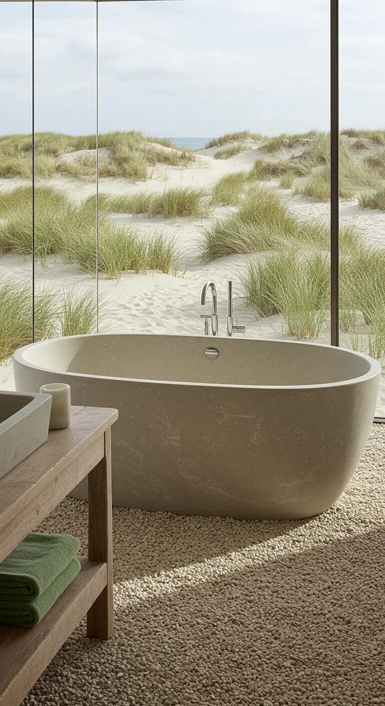 A sand-colored tub on a pebble floor looks out onto grassy sand dunes.