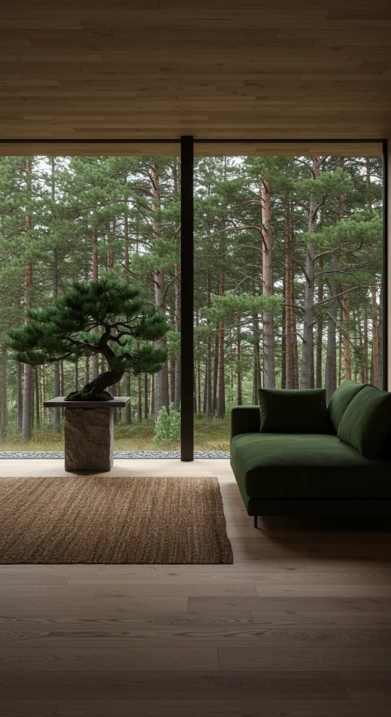 A deep green sofa and jute rug face a large window with a dense forest view.