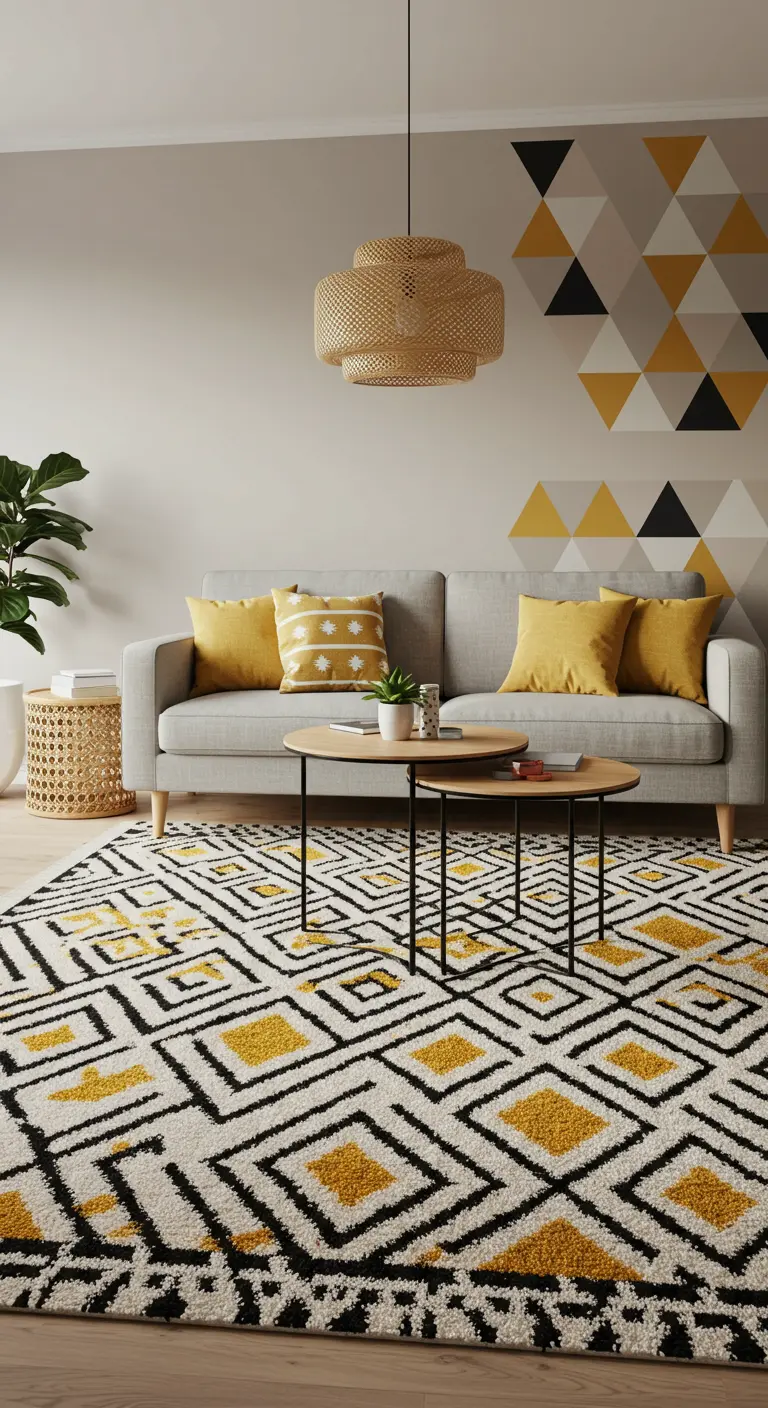 A grey sofa in front of a geometric accent wall with a matching patterned rug.