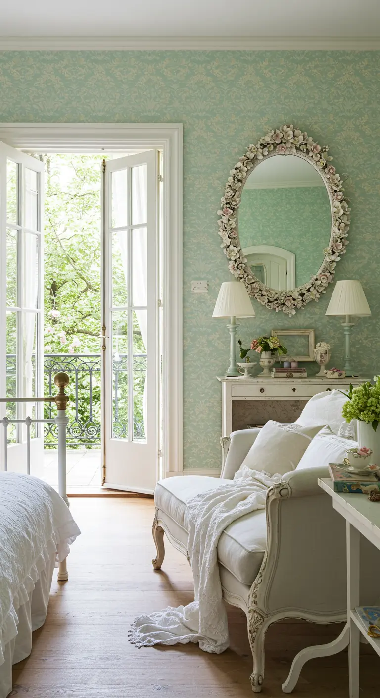 Oval mirror framed with white ceramic flowers in a light green floral room.