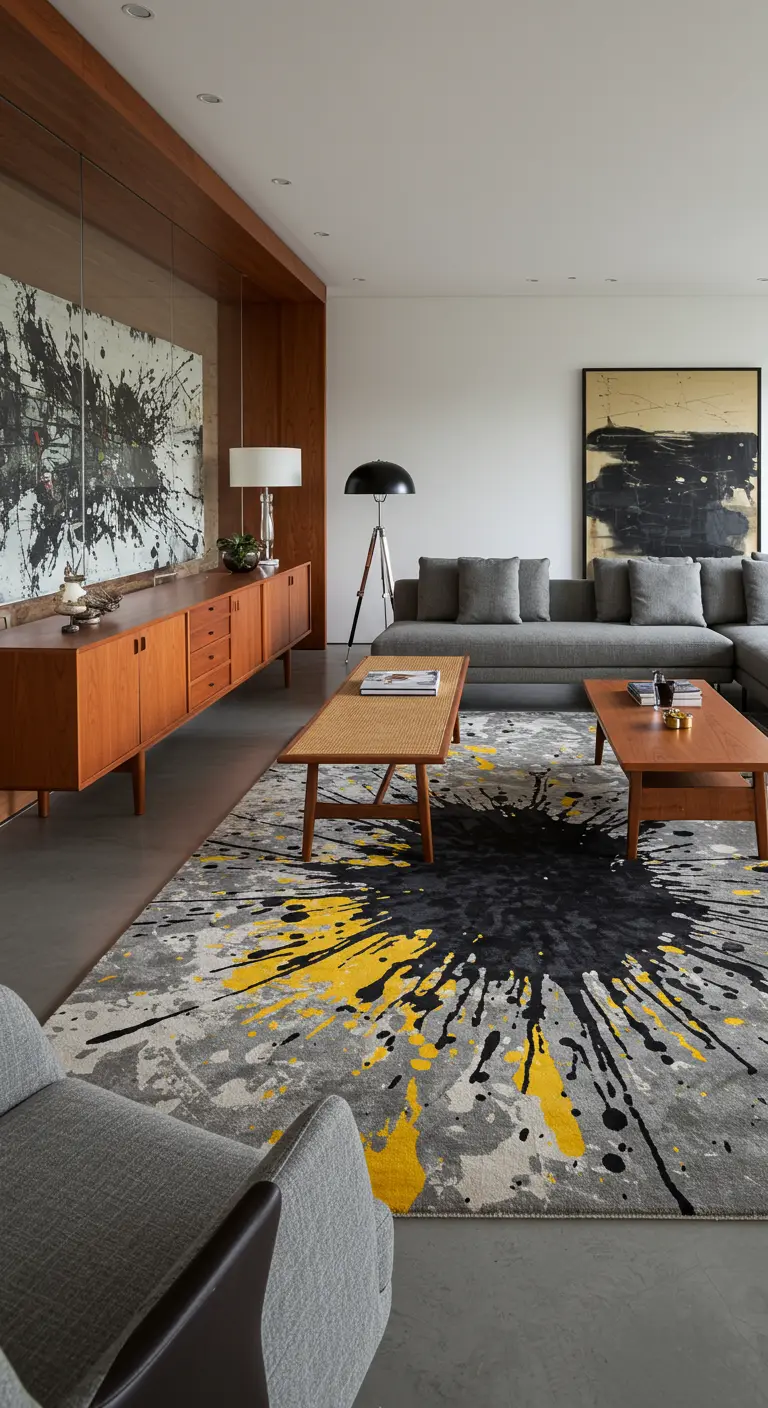 A room with a splatter-paint art piece on the wall and a matching rug.