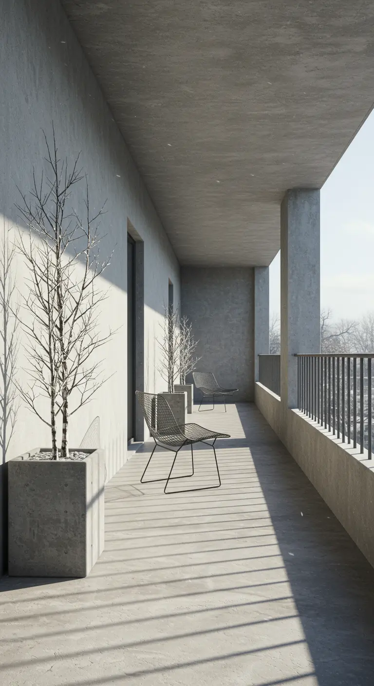 Minimalist concrete balcony with bare trees in square concrete planters and wire chairs.