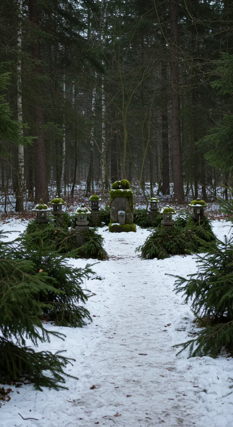 Moss-covered stone lanterns surrounded by spruce in a snowy forest.