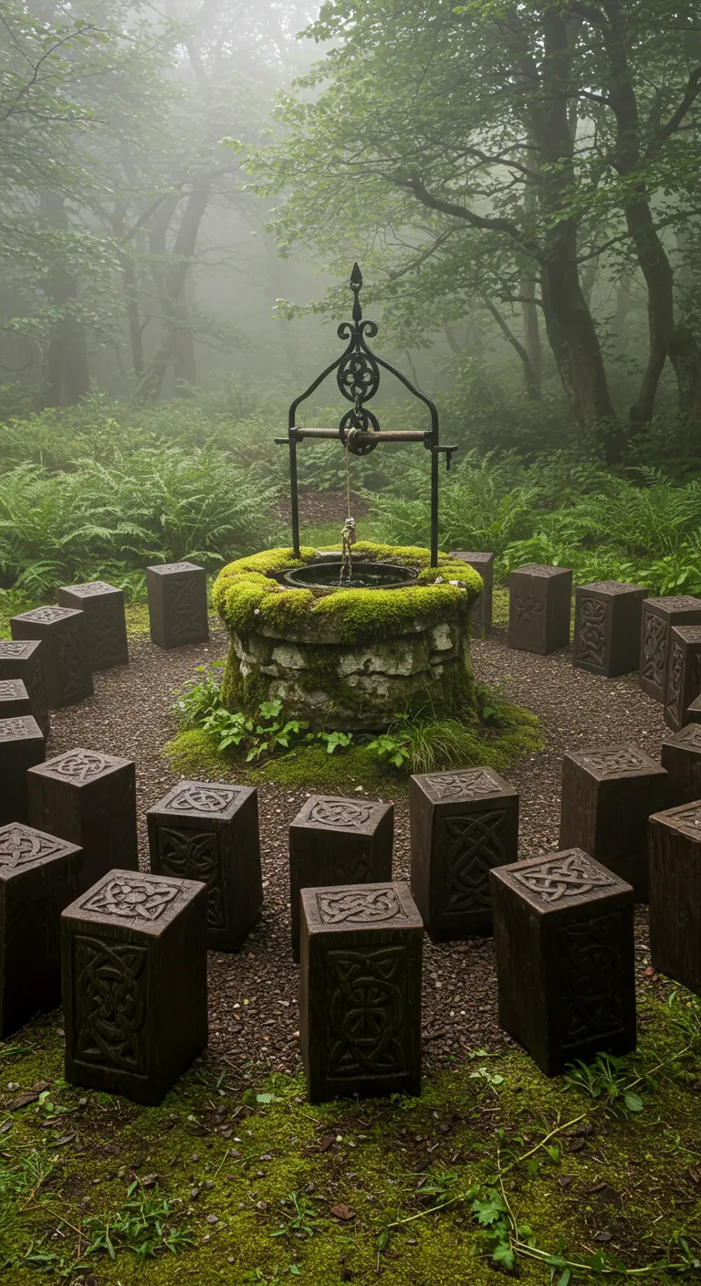 Dark, carved wooden cube stools circle a mossy stone well in a misty, ancient forest.