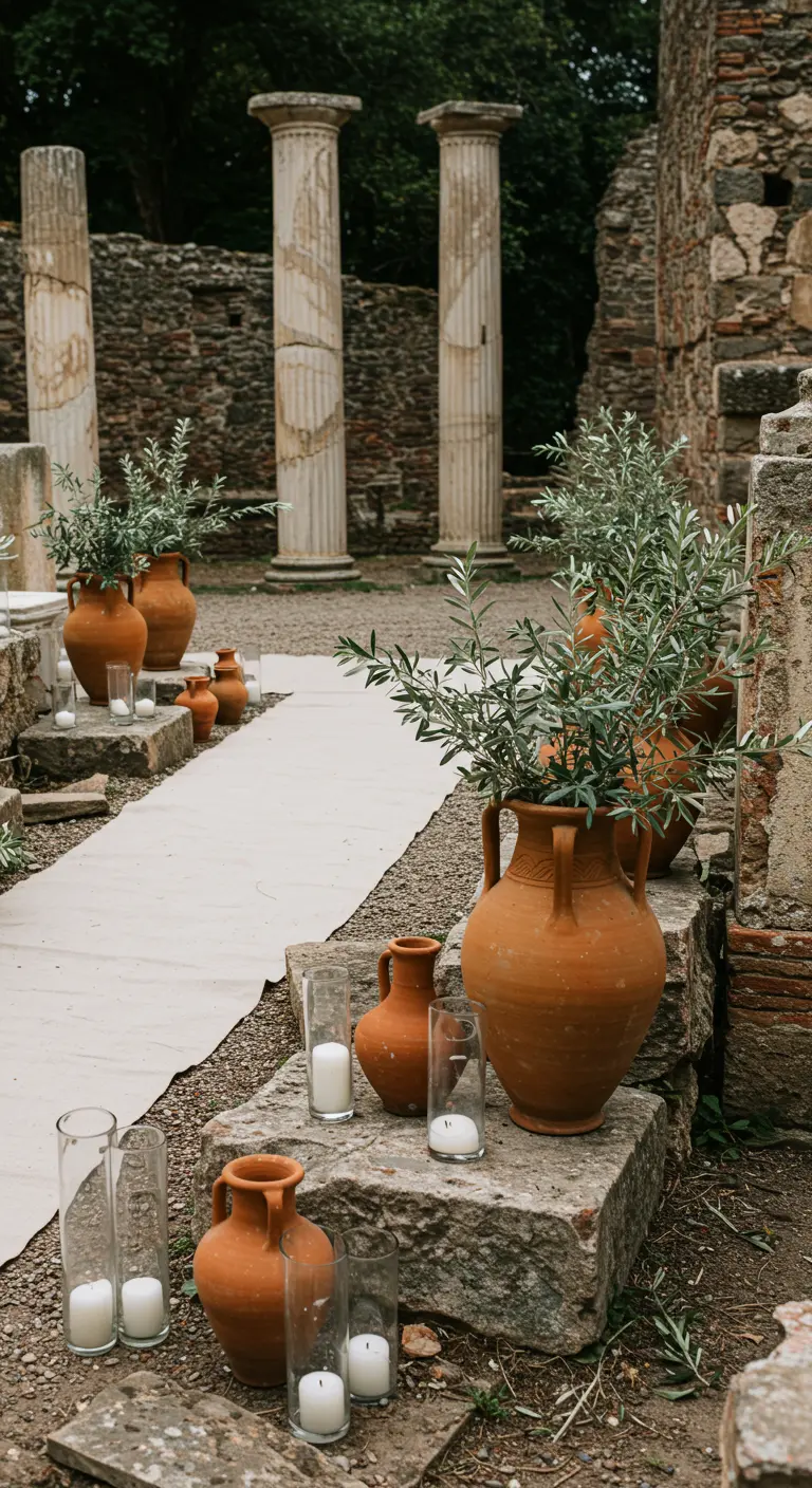 An aisle runner through ancient ruins, lined with olive branches in terracotta pots.