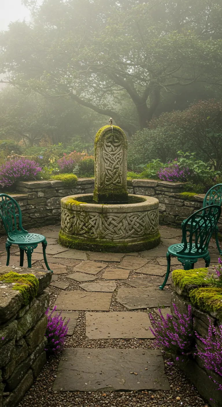 Stone fountain with Celtic carvings surrounded by purple heather in the mist.