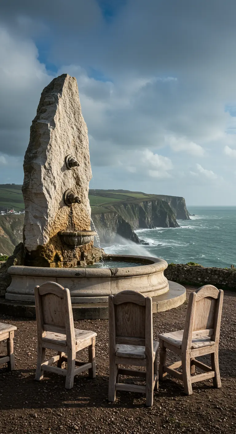 Simple wooden chairs face a rustic fountain made of a large natural rock on a rugged coastline.