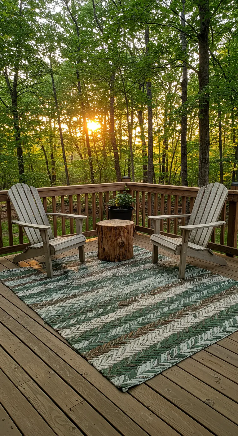 A wood deck in a forest with a green-toned chevron rug and two Adirondack chairs.