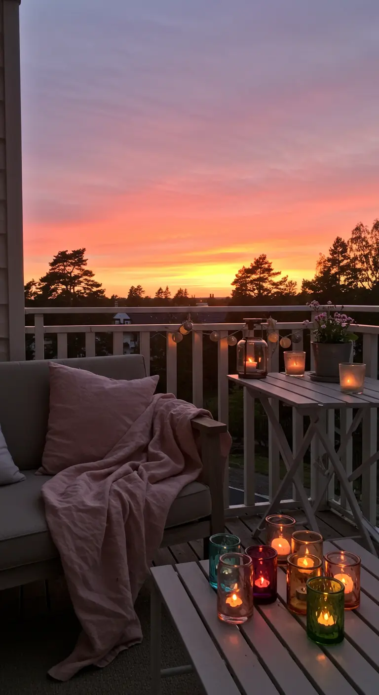 A balcony at sunset with a pink throw and colorful candle holders that match the sky.