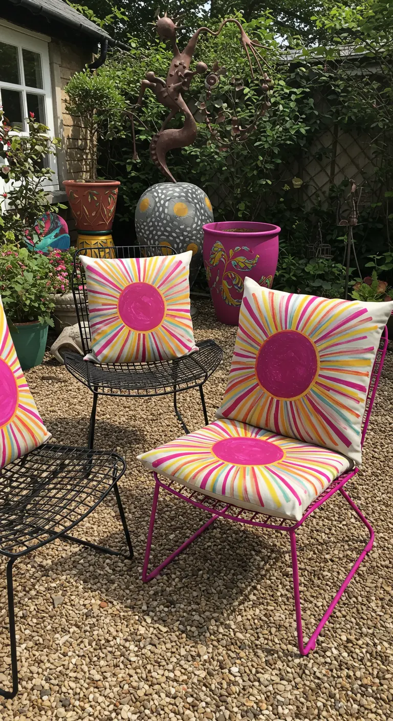 Mismatched wireframe chairs with colorful hand-painted sunburst cushions in an eclectic garden with art sculptures.