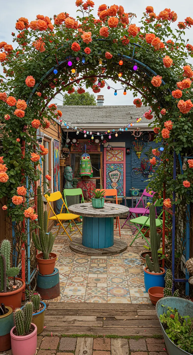 Teal metal arch with orange climbing roses and colorful fairy lights over an eclectic patio.