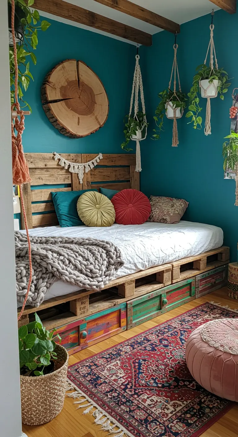 Boho bedroom with a pallet bed, colorful drawers, macrame, and hanging plants.