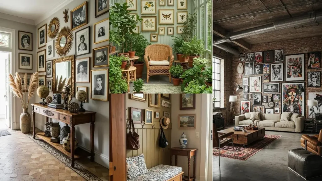 Three eclectic home designs featuring gallery walls, vintage decor, and pattern play like botanical prints & modern art.