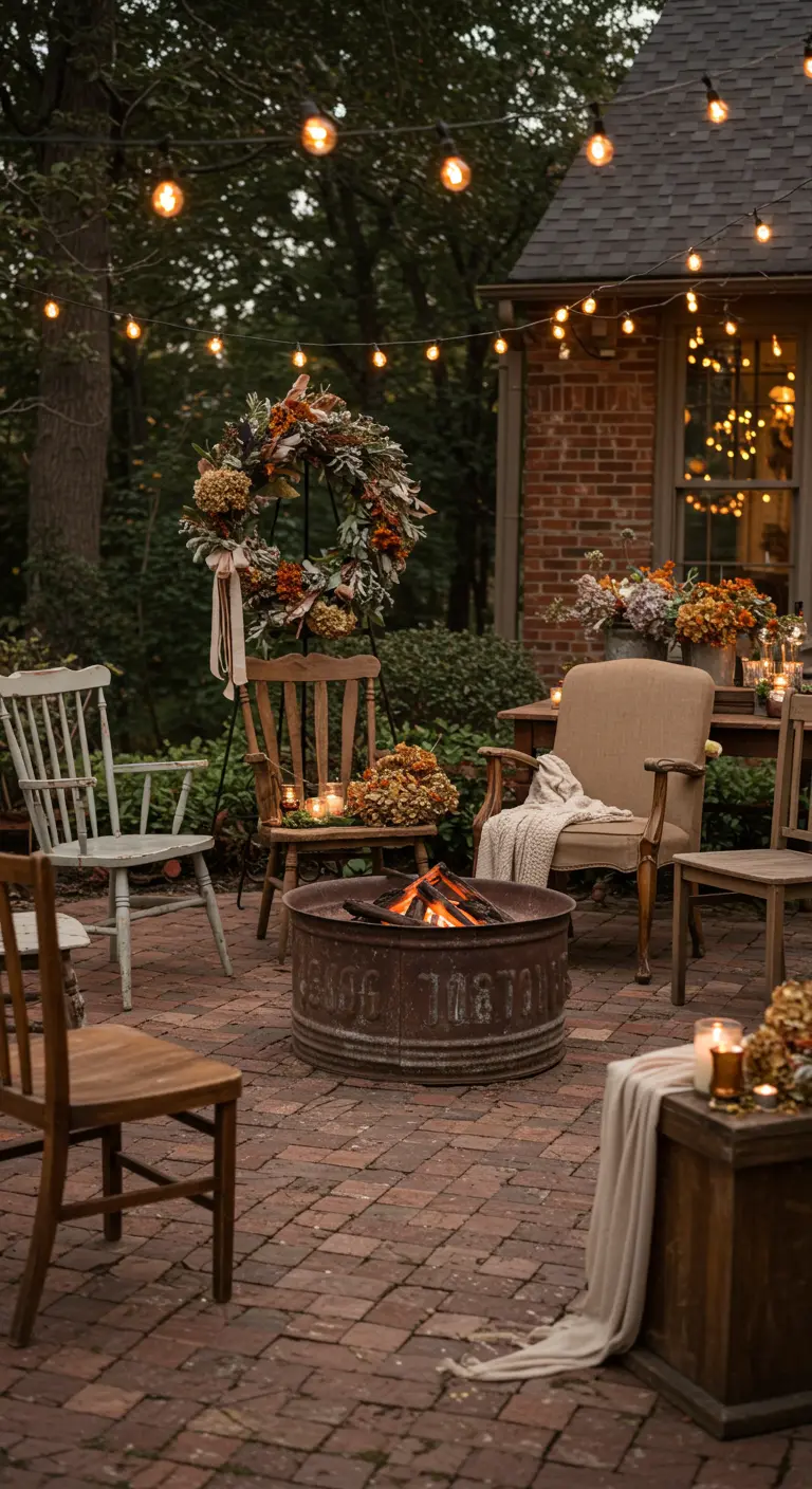 A brick patio with mismatched chairs around a rustic metal fire pit and a dried flower wreath.