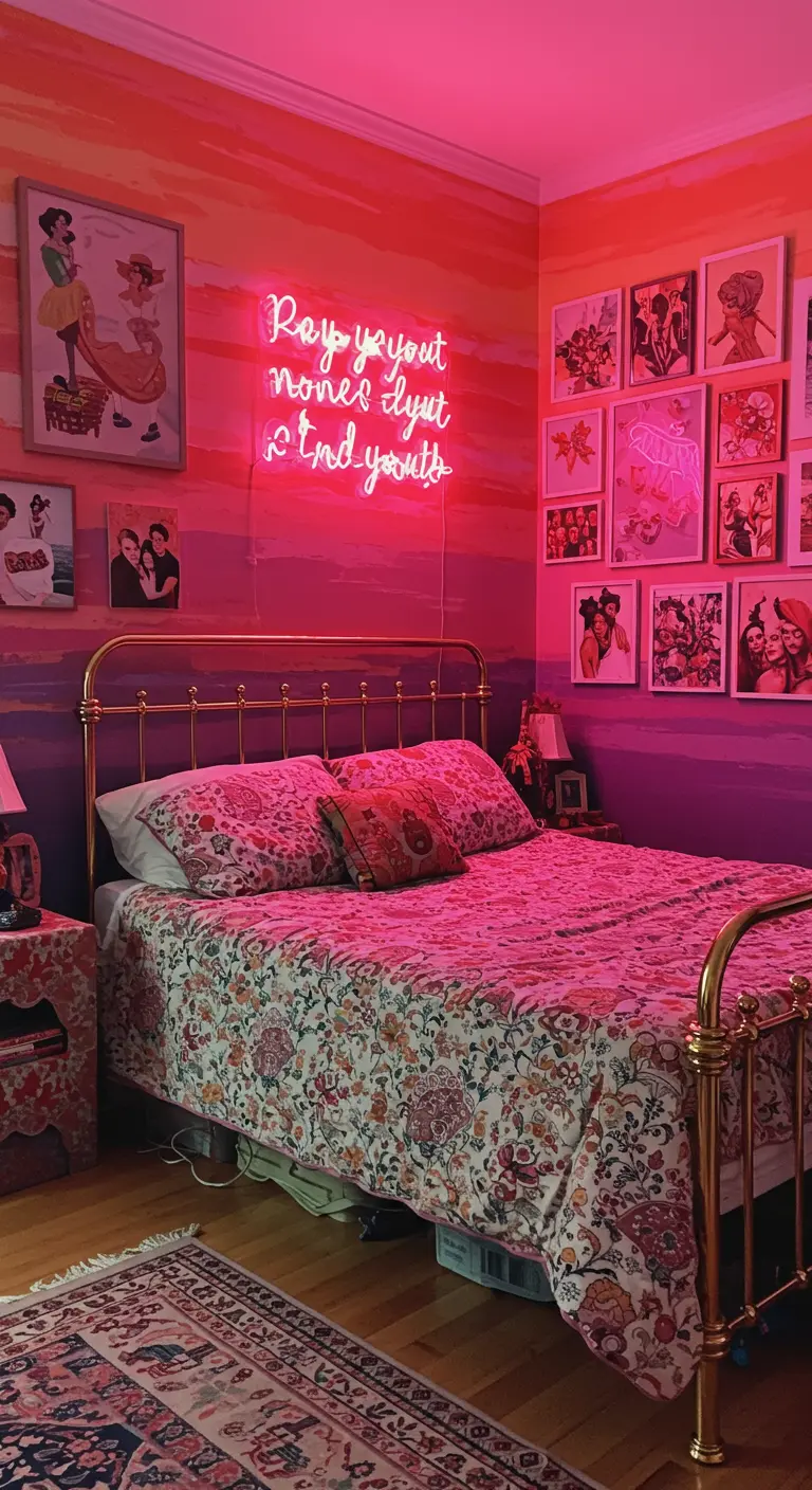 A vibrant bedroom with a pink-and-orange gradient wall, a neon sign, and a gallery wall.