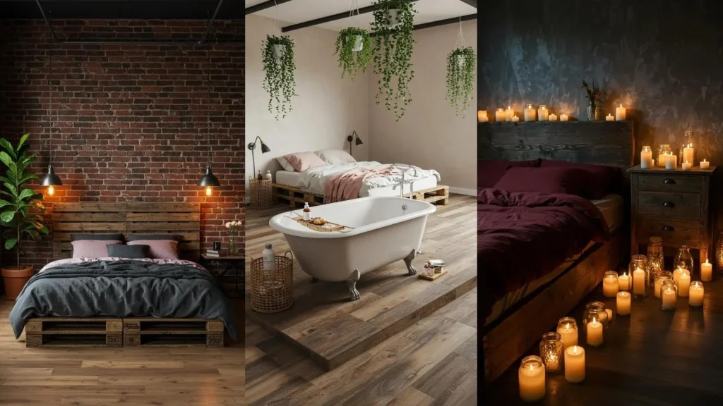 Eco-friendly romantic bedrooms with recycled wood beds, soft organic cotton linens, plants, and cozy candlelit ambiance.