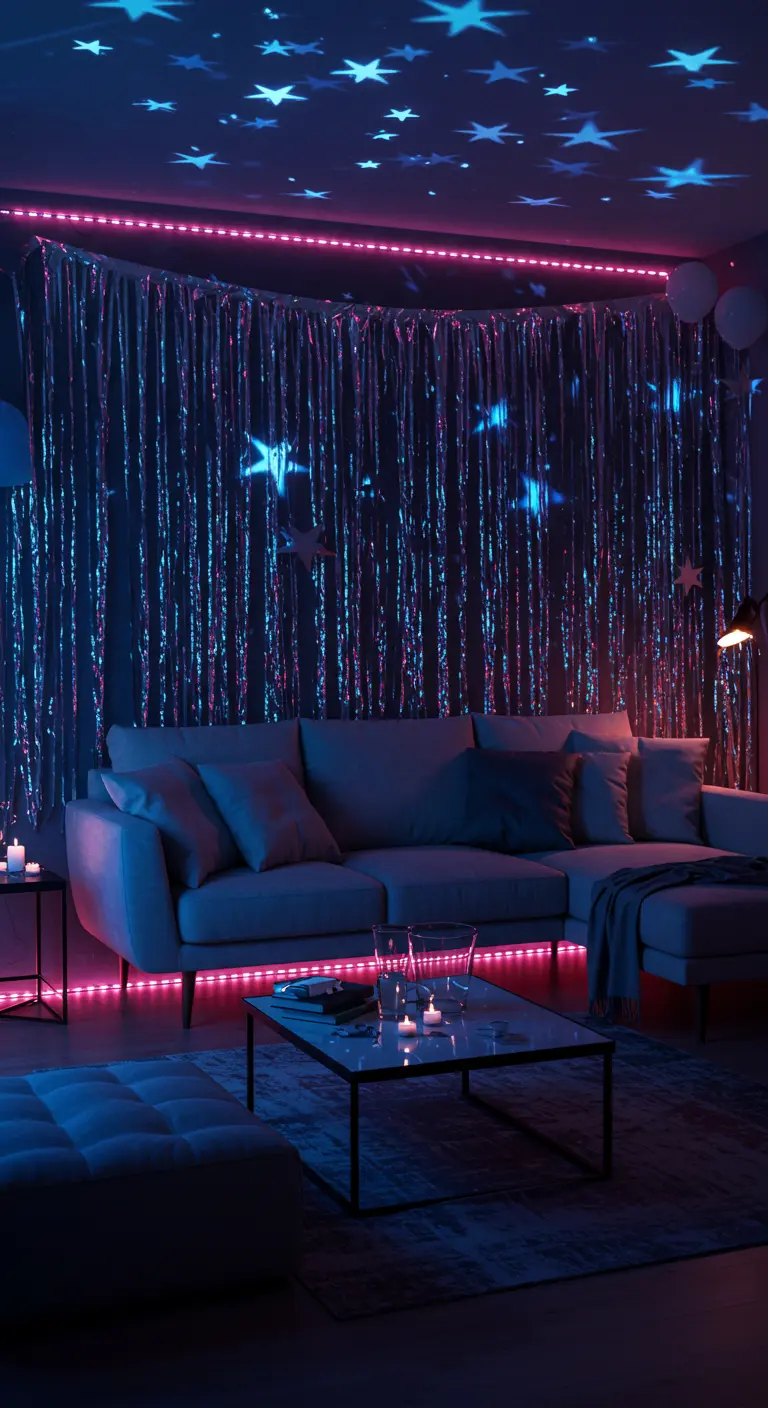 A dark living room with a foil curtain illuminated by pink and blue neon LED strips.