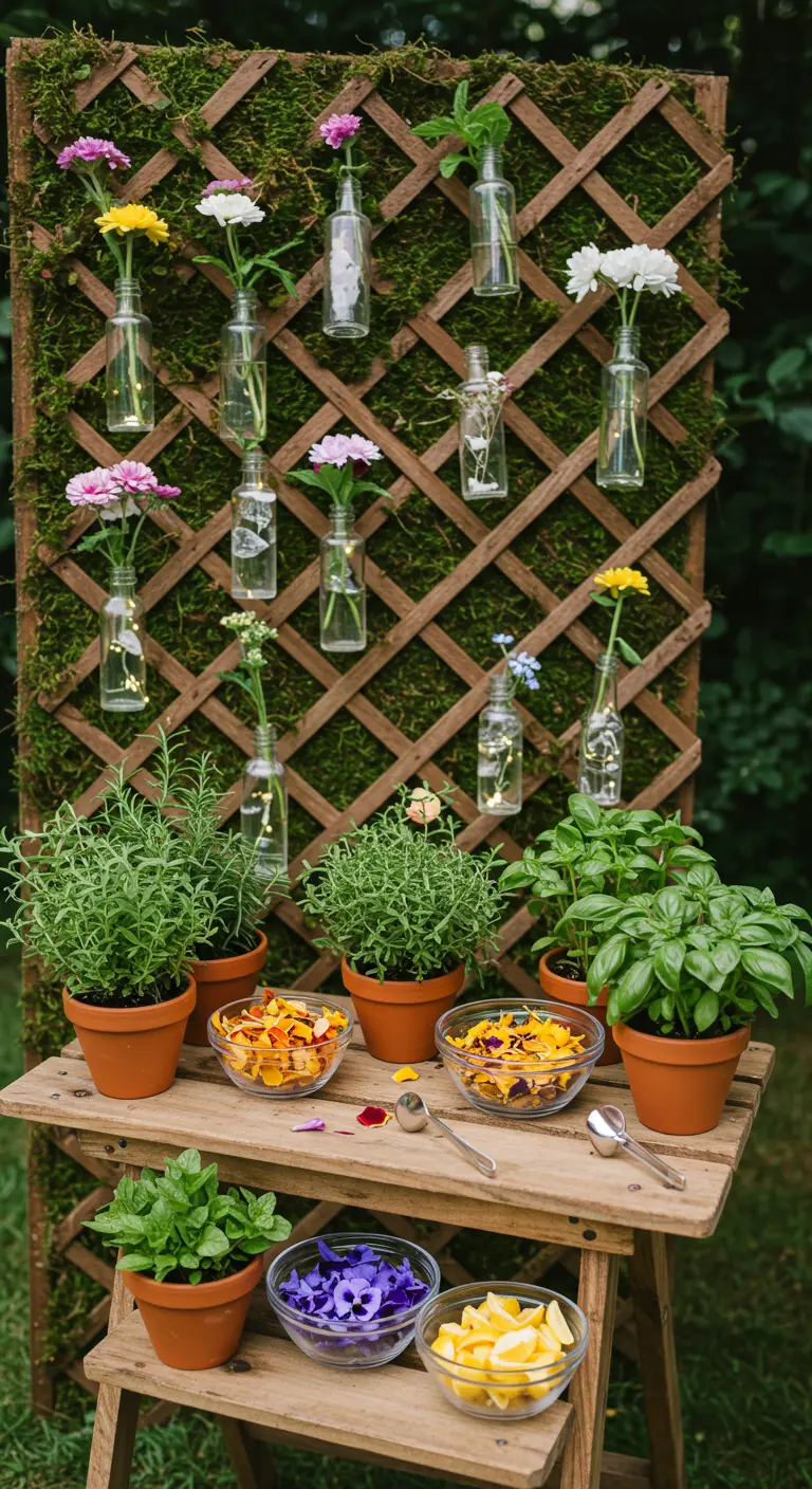 A moss-covered lattice with hanging flower bottles and a garnish bar.