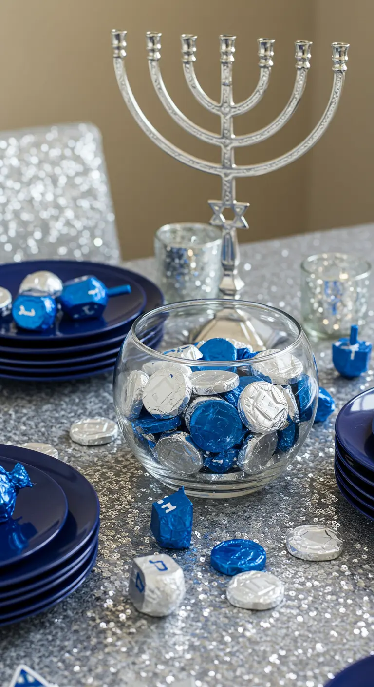 A close-up of a glass bowl filled with blue and silver gelt on a sparkling silver sequin tablecloth.