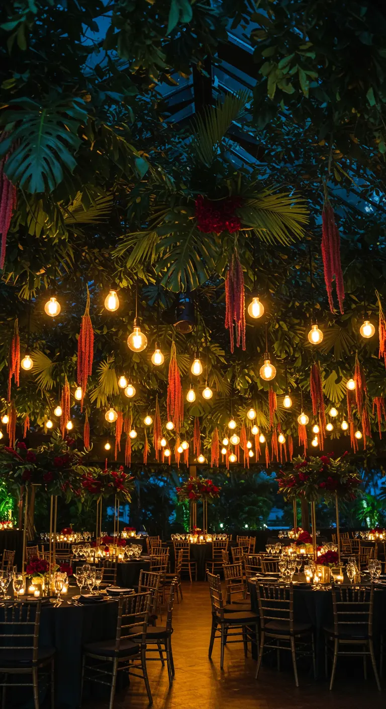 A reception space with hanging Edison bulbs, tropical leaves, and dripping red amaranthus flowers.