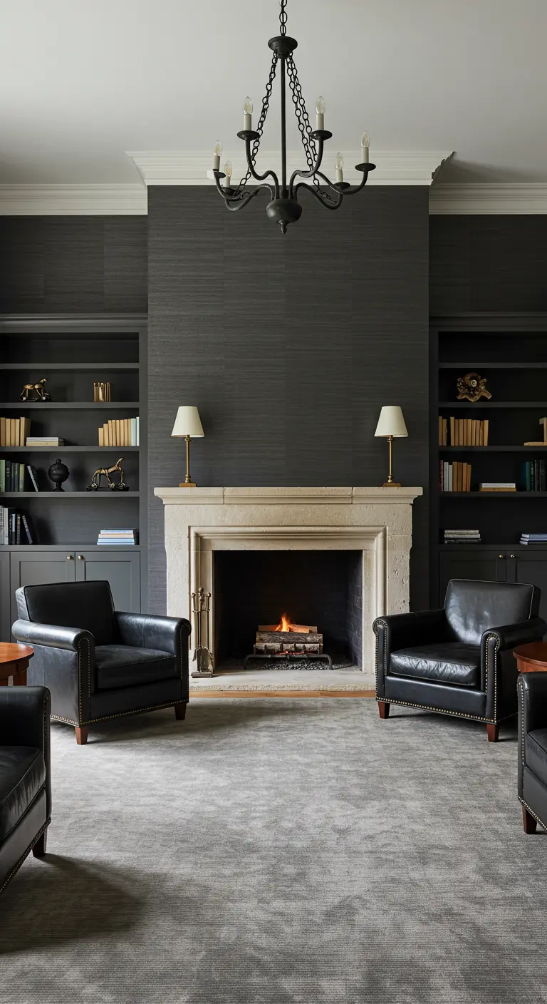 A symmetrical living room with modern black leather armchairs and charcoal grey walls.