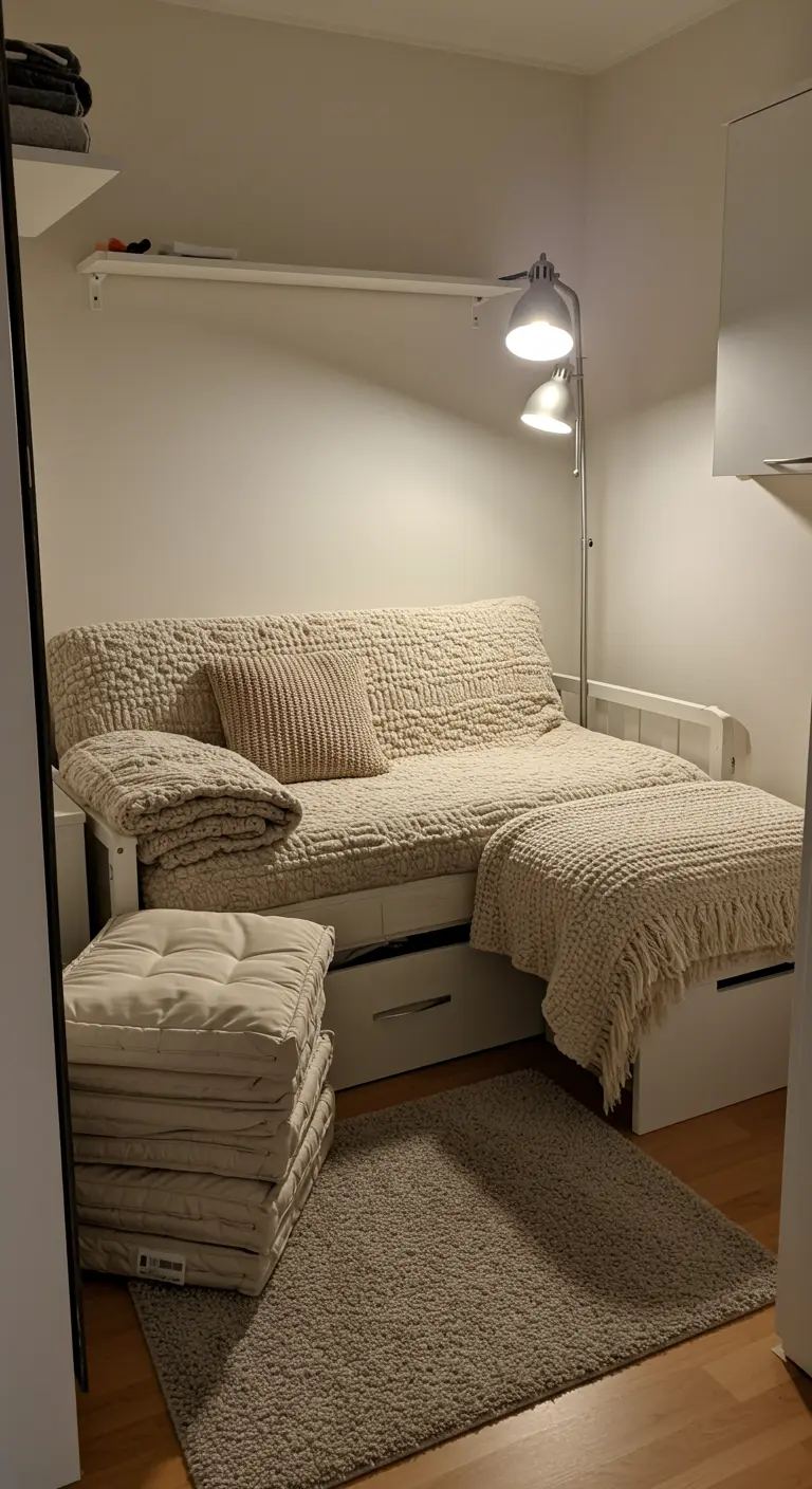 Small studio apartment with a daybed, knitted throw, and a stack of neutral tufted floor cushions.