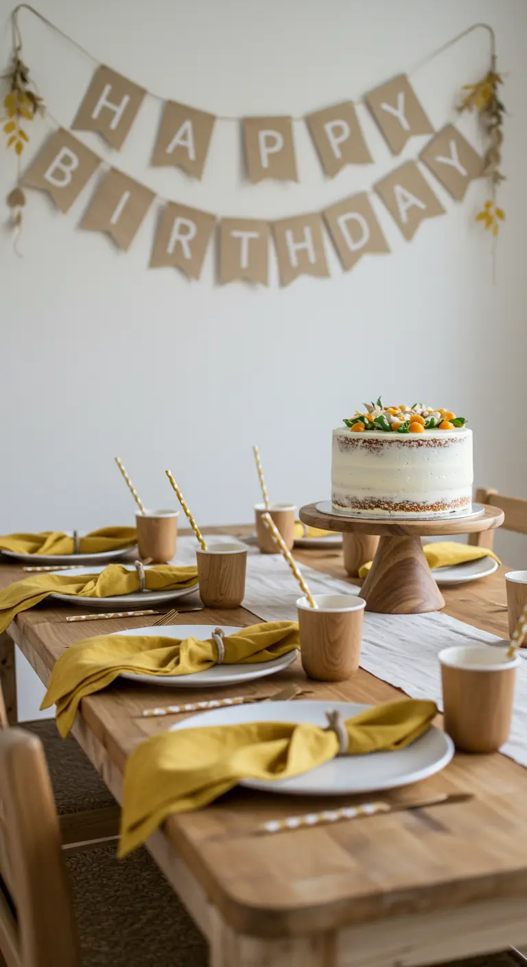 A birthday table with a kraft paper banner, mustard yellow napkins, and a white cake.