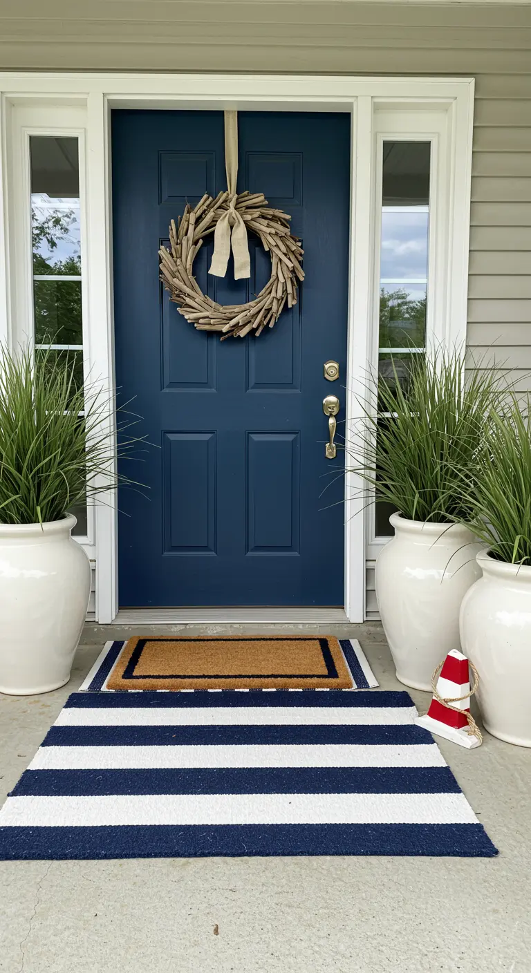 Navy door with a driftwood wreath, tall grasses, and a striped nautical rug.