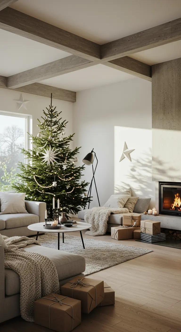 Minimalist Christmas tree in a cozy Scandinavian living room with a fireplace.