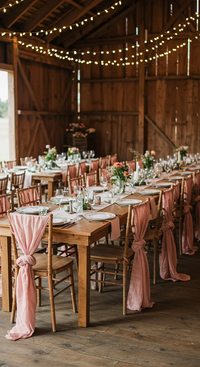 Wooden chairs at a wedding reception tied with flowing pink fabric sashes.