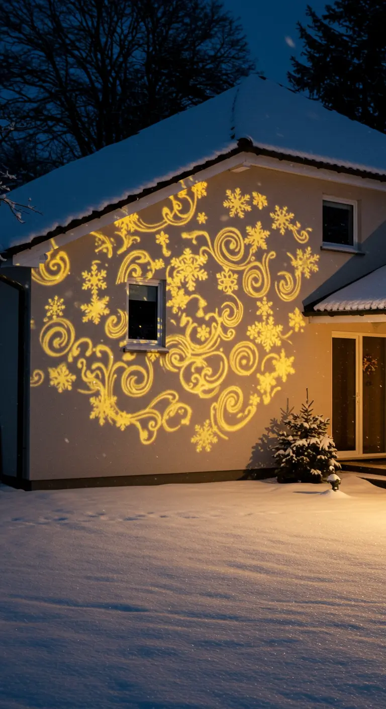 A projector casting golden snowflake and swirl patterns onto the side of a house.
