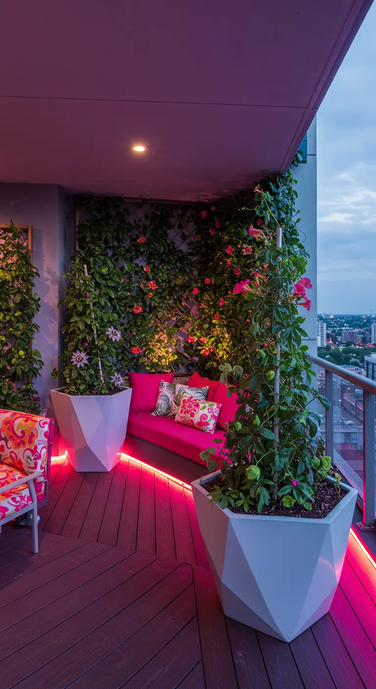 Vibrant balcony with pink sofa, geometric planters, climbing plants, and striking pink LED floor lighting.