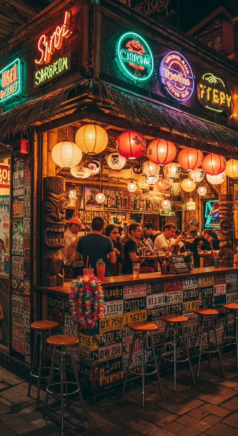 A bustling, eclectic tiki bar decorated with neon signs, paper lanterns, and license plates.