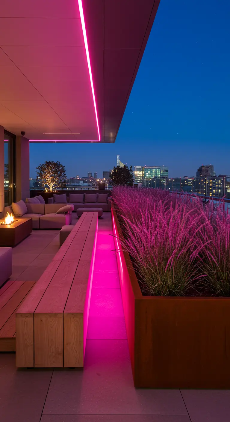 A modern terrace with pink LED lights illuminating a long planter filled with ornamental grass.