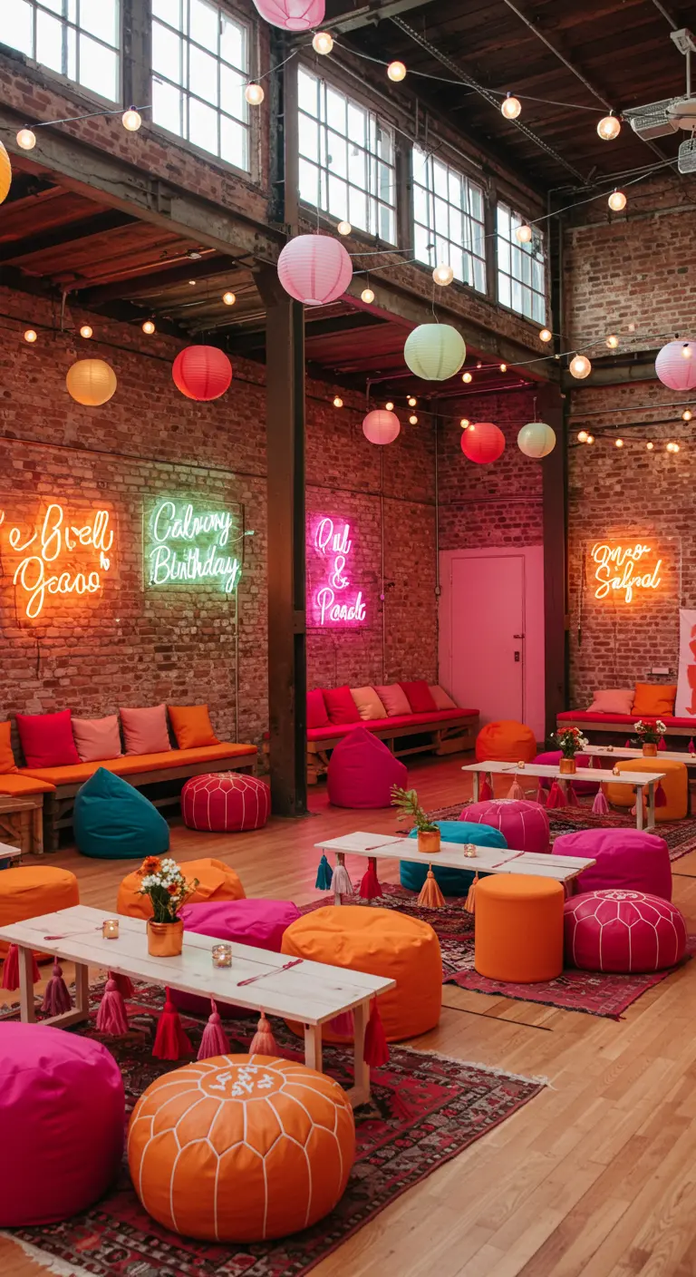 An industrial party space with brick walls, colorful poufs, and neon signs.