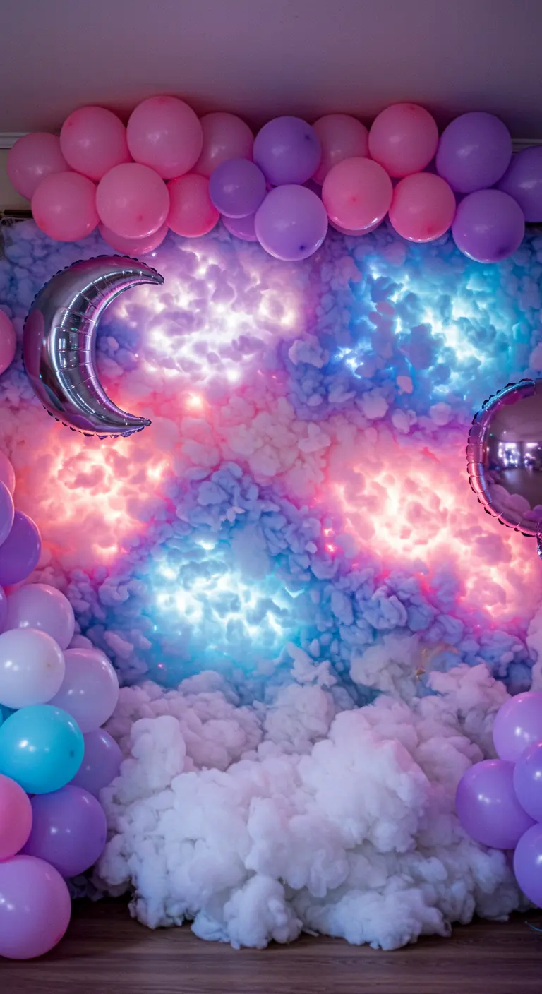 A 3D cloud wall made of cotton batting with pink and blue lights glowing from within.