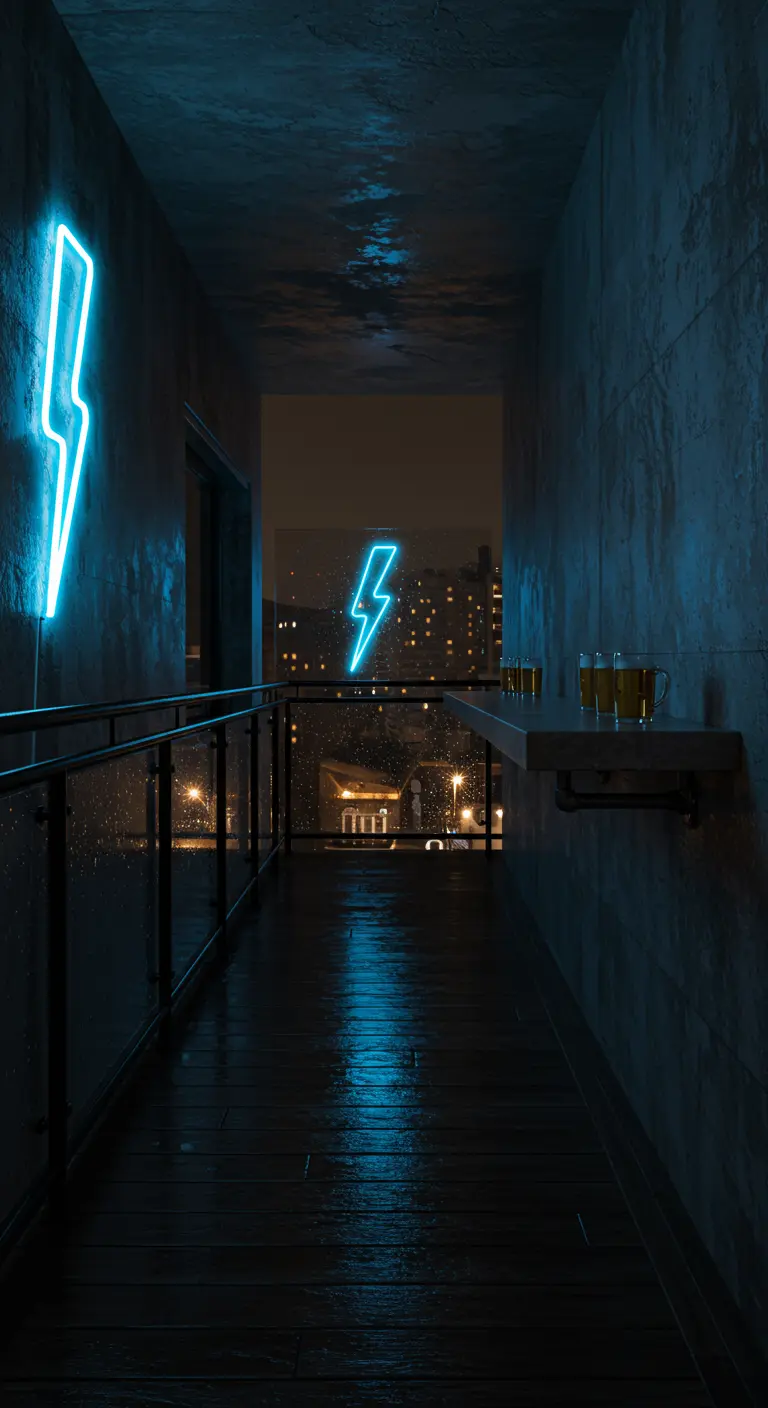 Narrow, dark balcony with a bright blue neon lightning bolt sign on the wall.
